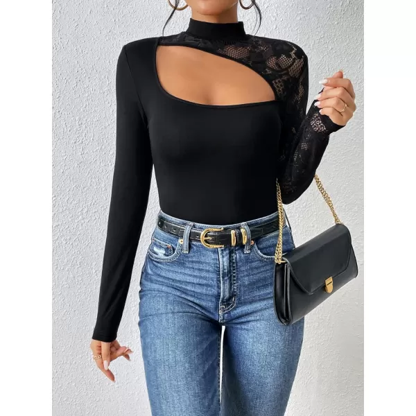 WDIRARA Women's Contrast Lace Cut Out Top See Through Sexy Mock Neck Long Sleeve Slim Top