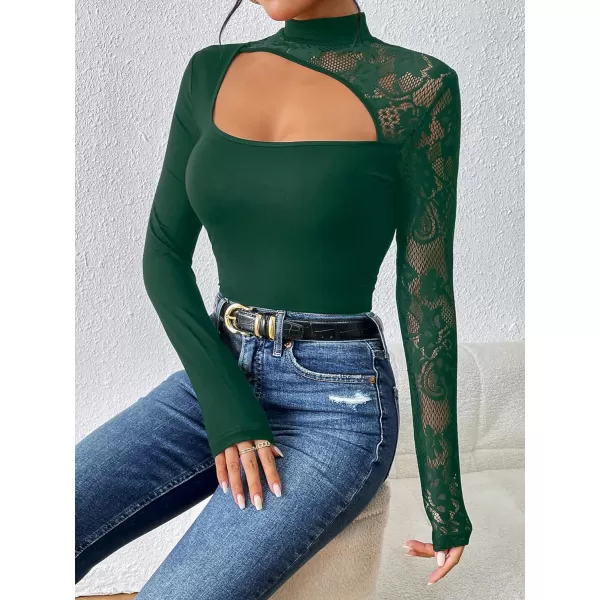 WDIRARA Women's Contrast Lace Cut Out Top See Through Sexy Mock Neck Long Sleeve Slim Top