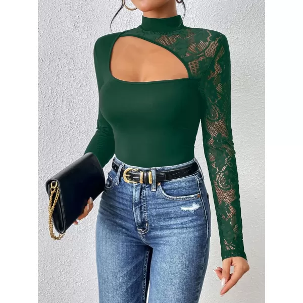 WDIRARA Women's Contrast Lace Cut Out Top See Through Sexy Mock Neck Long Sleeve Slim Top