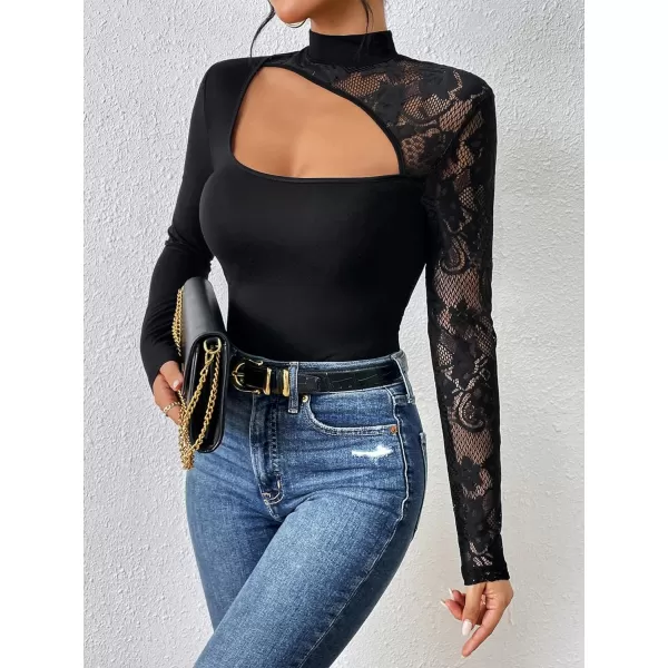 WDIRARA Women's Contrast Lace Cut Out Top See Through Sexy Mock Neck Long Sleeve Slim Top