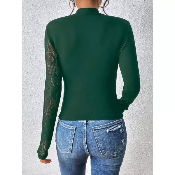 WDIRARA Women's Contrast Lace Cut Out Top See Through Sexy Mock Neck Long Sleeve Slim Top