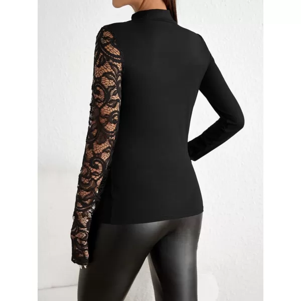 WDIRARA Women's Contrast Lace Cut Out Top See Through Sexy Mock Neck Long Sleeve Slim Top