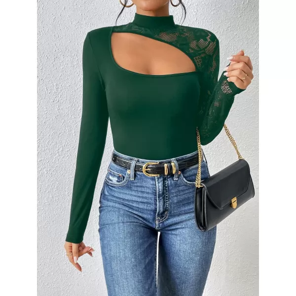 WDIRARA Women's Contrast Lace Cut Out Top See Through Sexy Mock Neck Long Sleeve Slim Top