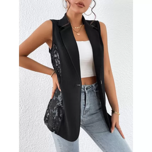 WDIRARA Women's Contrast Lace Jacket Sleeveless Single Button Lapel Neck Blazer Vest