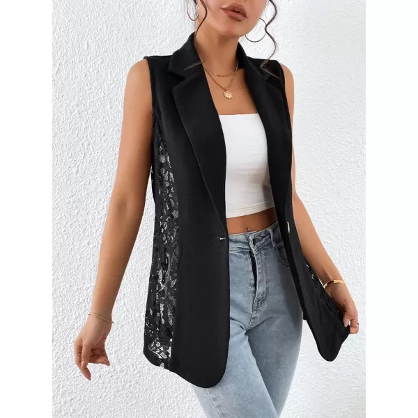 WDIRARA Women's Contrast Lace Jacket Sleeveless Single Button Lapel Neck Blazer Vest