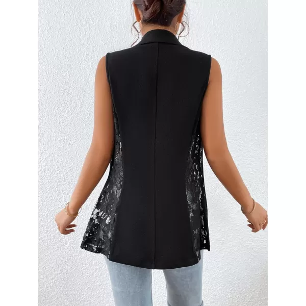 WDIRARA Women's Contrast Lace Jacket Sleeveless Single Button Lapel Neck Blazer Vest