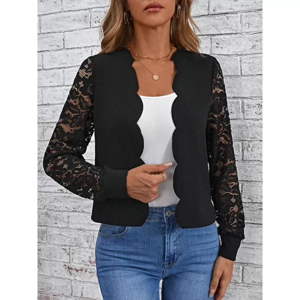 WDIRARA Women's Contrast Lace Scallop Trim Open Front Long Sleeve Knitted Jacket