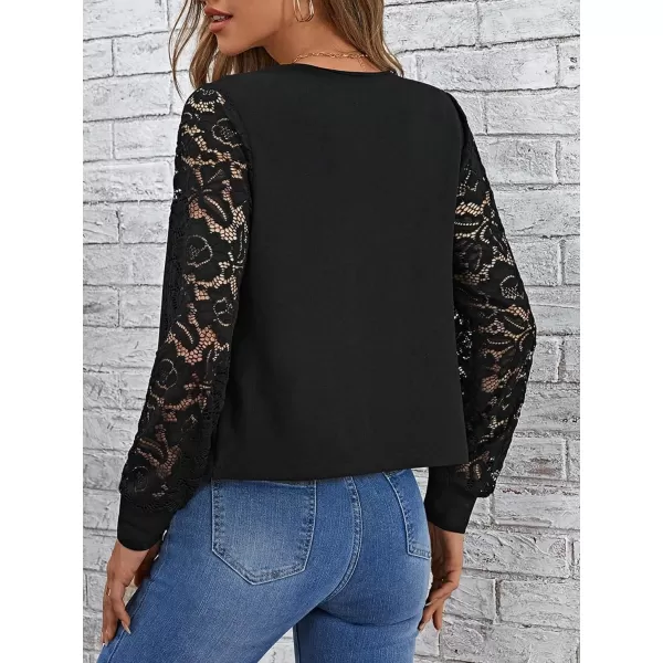 WDIRARA Women's Contrast Lace Scallop Trim Open Front Long Sleeve Knitted Jacket