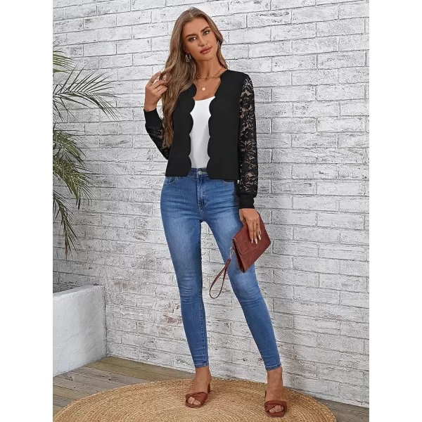 WDIRARA Women's Contrast Lace Scallop Trim Open Front Long Sleeve Knitted Jacket
