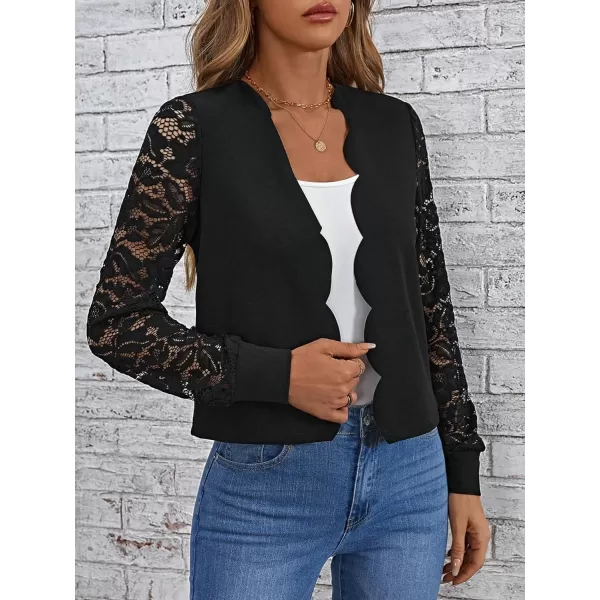 WDIRARA Women's Contrast Lace Scallop Trim Open Front Long Sleeve Knitted Jacket