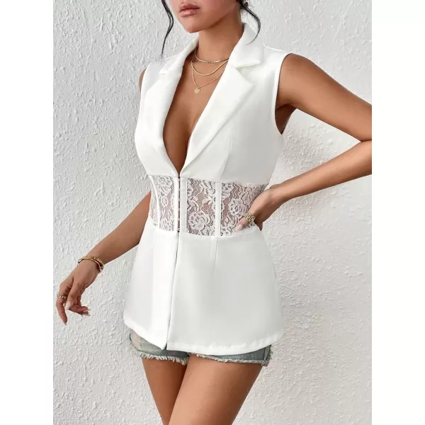 WDIRARA Women's Contrast Mesh Lace Up V Neck Vest Blazer Sleeveless Stand Collar Summer Jacket Waistcoat