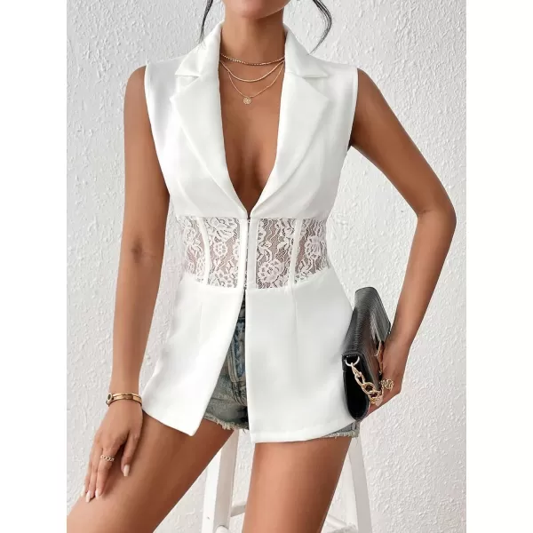 WDIRARA Women's Contrast Mesh Lace Up V Neck Vest Blazer Sleeveless Stand Collar Summer Jacket Waistcoat