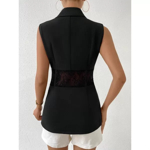 WDIRARA Women's Contrast Mesh Lace Up V Neck Vest Blazer Sleeveless Stand Collar Summer Jacket Waistcoat