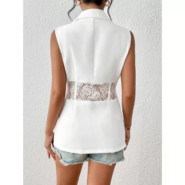 WDIRARA Women's Contrast Mesh Lace Up V Neck Vest Blazer Sleeveless Stand Collar Summer Jacket Waistcoat