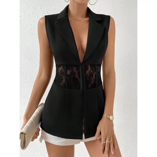 WDIRARA Women's Contrast Mesh Lace Up V Neck Vest Blazer Sleeveless Stand Collar Summer Jacket Waistcoat