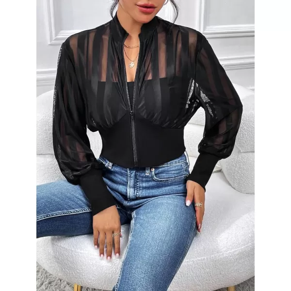WDIRARA Women's Contrast Mesh Zip Up Bomber Jacket Lantern Long Sleeve Baseball Collar Outwear Crop Jacket
