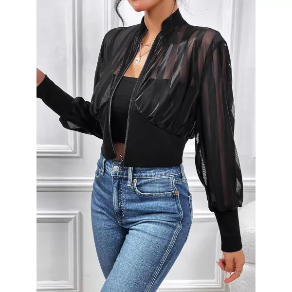 WDIRARA Women's Contrast Mesh Zip Up Bomber Jacket Lantern Long Sleeve Baseball Collar Outwear Crop Jacket