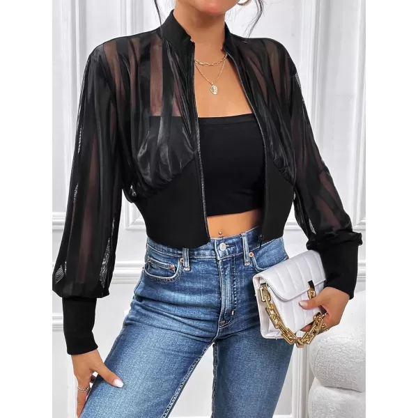 WDIRARA Women's Contrast Mesh Zip Up Bomber Jacket Lantern Long Sleeve Baseball Collar Outwear Crop Jacket
