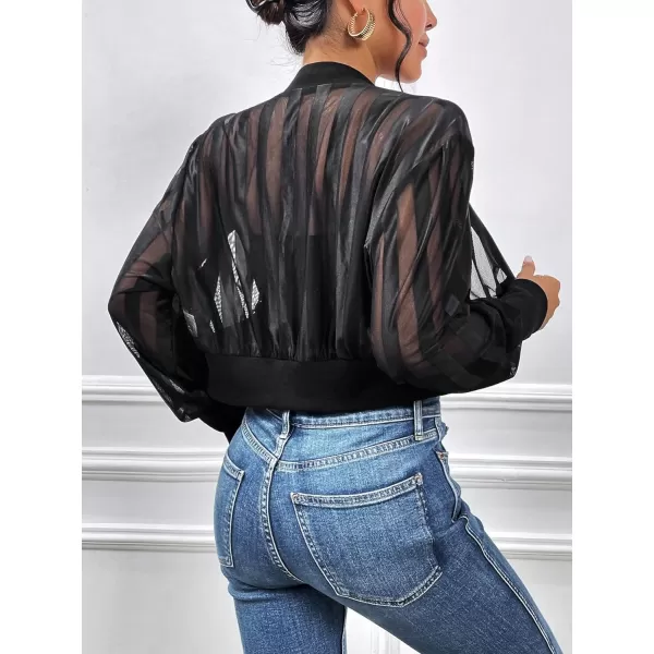 WDIRARA Women's Contrast Mesh Zip Up Bomber Jacket Lantern Long Sleeve Baseball Collar Outwear Crop Jacket