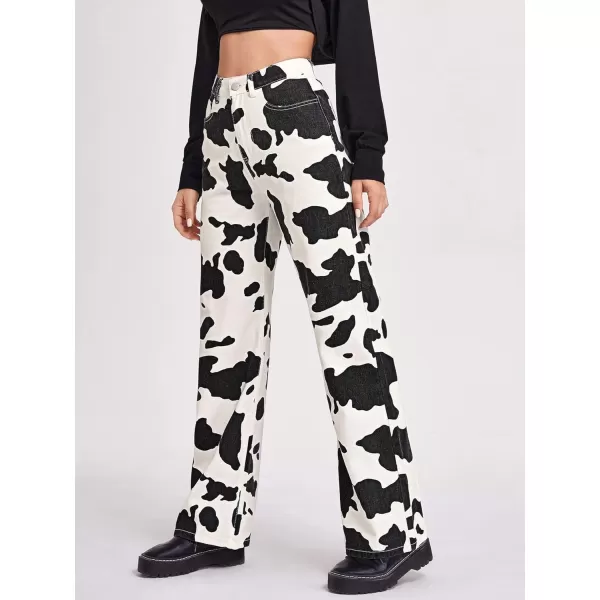 WDIRARA Women's Cow Print High Waist Wide Leg Jeans Casual Long Denim Pants