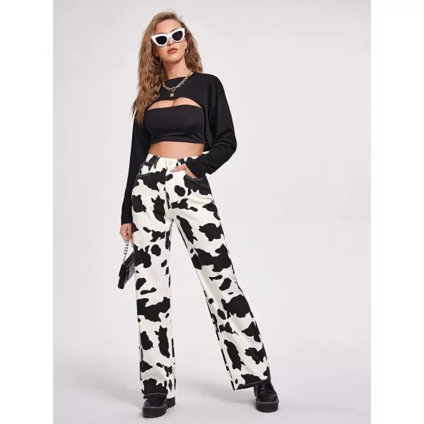 WDIRARA Women's Cow Print High Waist Wide Leg Jeans Casual Long Denim Pants
