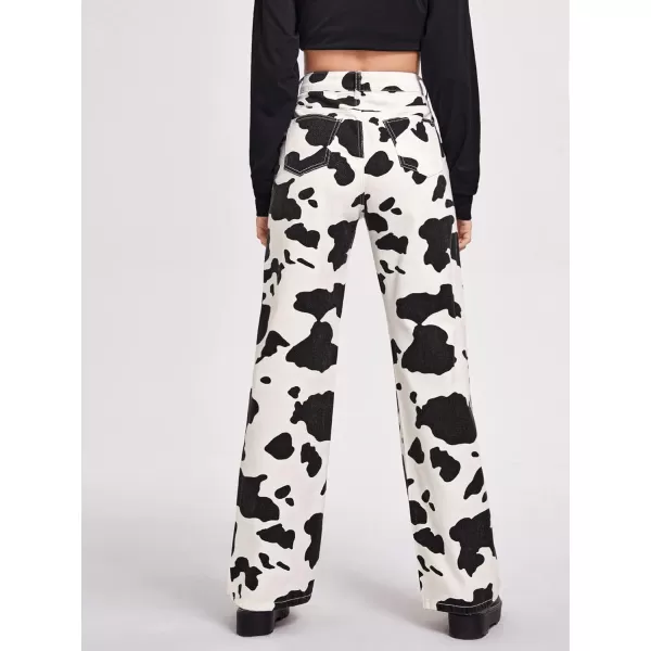 WDIRARA Women's Cow Print High Waist Wide Leg Jeans Casual Long Denim Pants