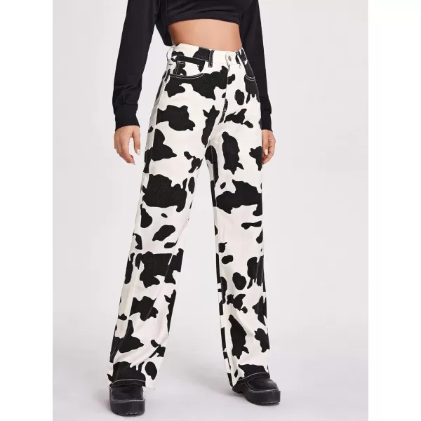 WDIRARA Women's Cow Print High Waist Wide Leg Jeans Casual Long Denim Pants