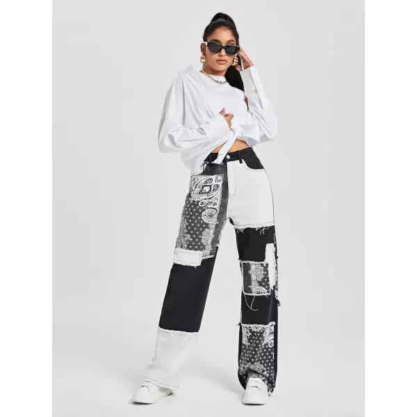 WDIRARA Women's Cow Print Ripped Jeans High Waisted Button Skinny Denim Pants
