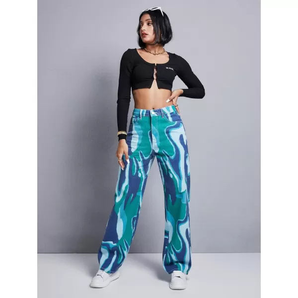 WDIRARA Women's Cow Print Ripped Jeans High Waisted Button Skinny Denim Pants
