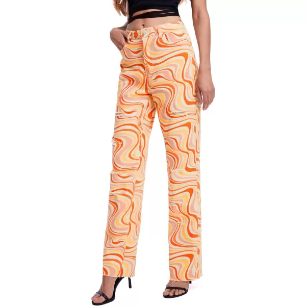 WDIRARA Women's Cow Print Ripped Jeans High Waisted Button Skinny Denim Pants