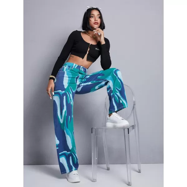 WDIRARA Women's Cow Print Ripped Jeans High Waisted Button Skinny Denim Pants