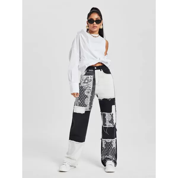 WDIRARA Women's Cow Print Ripped Jeans High Waisted Button Skinny Denim Pants