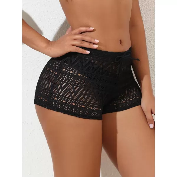 WDIRARA Women's Crochet Shorts Cover Up Hollow Out Drawstring Waist Tie Front Beachwear Beach Shorts