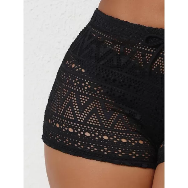 WDIRARA Women's Crochet Shorts Cover Up Hollow Out Drawstring Waist Tie Front Beachwear Beach Shorts