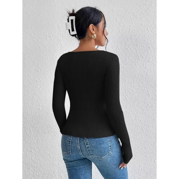 WDIRARA Women's Cut Out Asymmetrical Neck Long Sleeve Ribbed Knit Sweater Slim Fit Tops