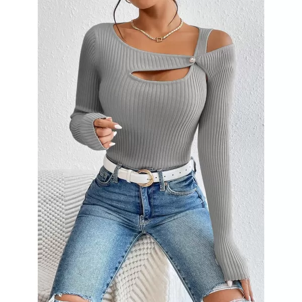 WDIRARA Women's Cut Out Asymmetrical Neck Long Sleeve Ribbed Knit Sweater Slim Fit Tops