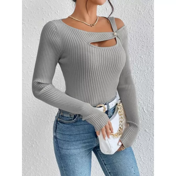 WDIRARA Women's Cut Out Asymmetrical Neck Long Sleeve Ribbed Knit Sweater Slim Fit Tops