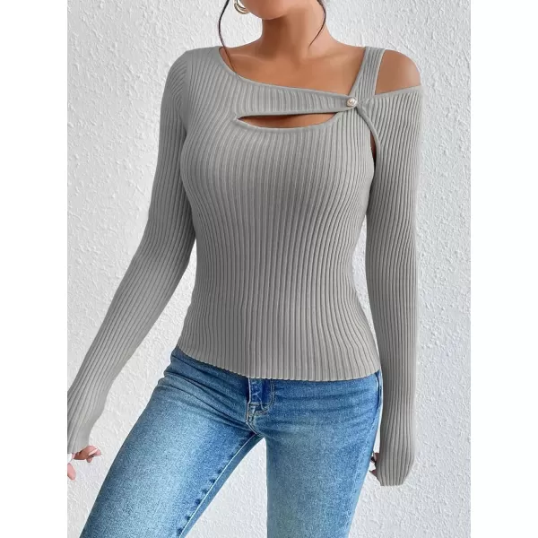 WDIRARA Women's Cut Out Asymmetrical Neck Long Sleeve Ribbed Knit Sweater Slim Fit Tops