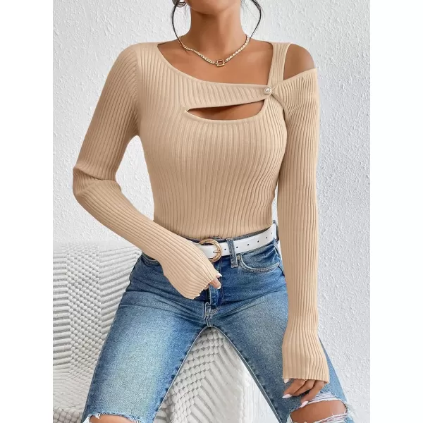 WDIRARA Women's Cut Out Asymmetrical Neck Long Sleeve Ribbed Knit Sweater Slim Fit Tops