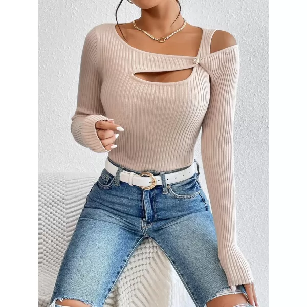 WDIRARA Women's Cut Out Asymmetrical Neck Long Sleeve Ribbed Knit Sweater Slim Fit Tops