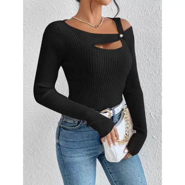 WDIRARA Women's Cut Out Asymmetrical Neck Long Sleeve Ribbed Knit Sweater Slim Fit Tops