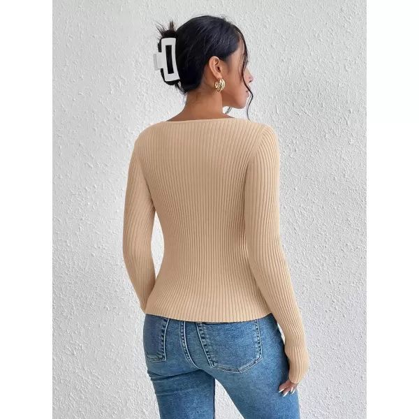 WDIRARA Women's Cut Out Asymmetrical Neck Long Sleeve Ribbed Knit Sweater Slim Fit Tops