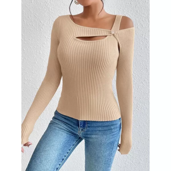 WDIRARA Women's Cut Out Asymmetrical Neck Long Sleeve Ribbed Knit Sweater Slim Fit Tops