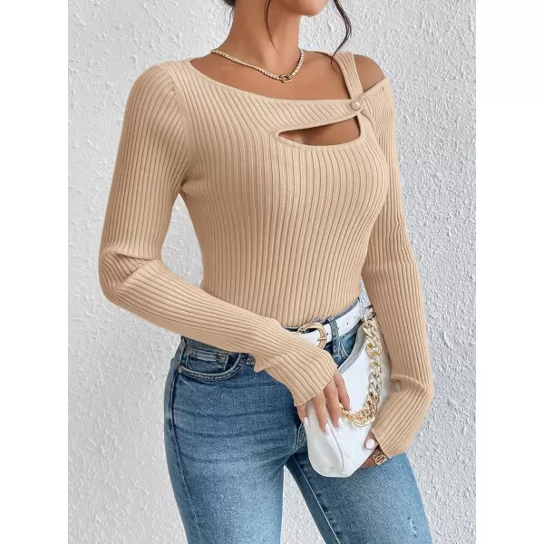 WDIRARA Women's Cut Out Asymmetrical Neck Long Sleeve Ribbed Knit Sweater Slim Fit Tops