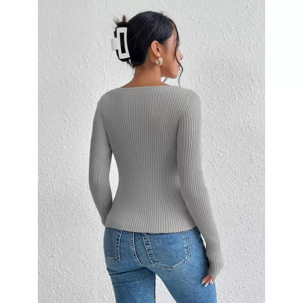 WDIRARA Women's Cut Out Asymmetrical Neck Long Sleeve Ribbed Knit Sweater Slim Fit Tops