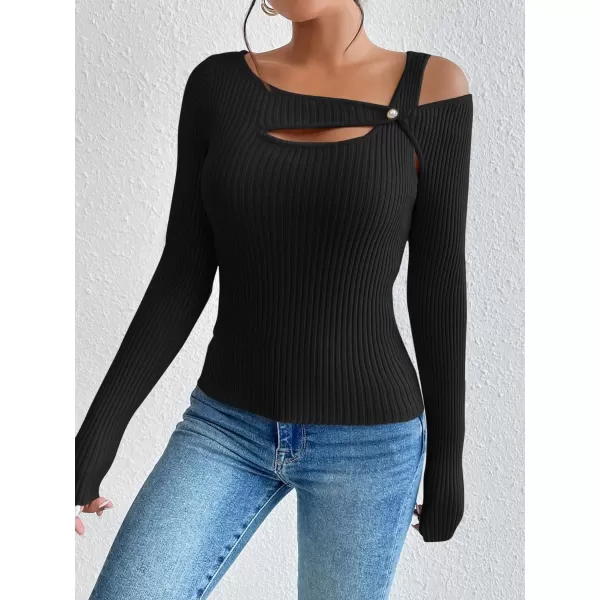 WDIRARA Women's Cut Out Asymmetrical Neck Long Sleeve Ribbed Knit Sweater Slim Fit Tops