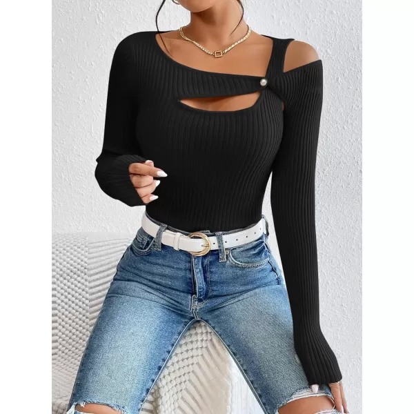 WDIRARA Women's Cut Out Asymmetrical Neck Long Sleeve Ribbed Knit Sweater Slim Fit Tops