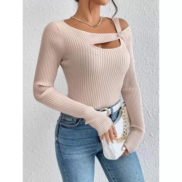 WDIRARA Women's Cut Out Asymmetrical Neck Long Sleeve Ribbed Knit Sweater Slim Fit Tops