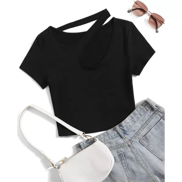 WDIRARA Women's Cut Out Asymmetrical Neck Short Sleeve Crop Tee Slim Fit Top