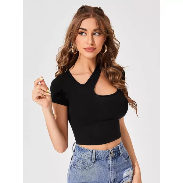 WDIRARA Women's Cut Out Asymmetrical Neck Short Sleeve Crop Tee Slim Fit Top